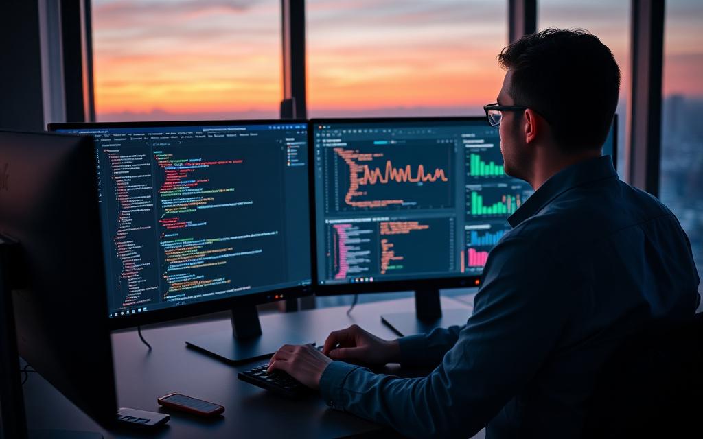Developer building a web application dashboard on an ultrawide monitor