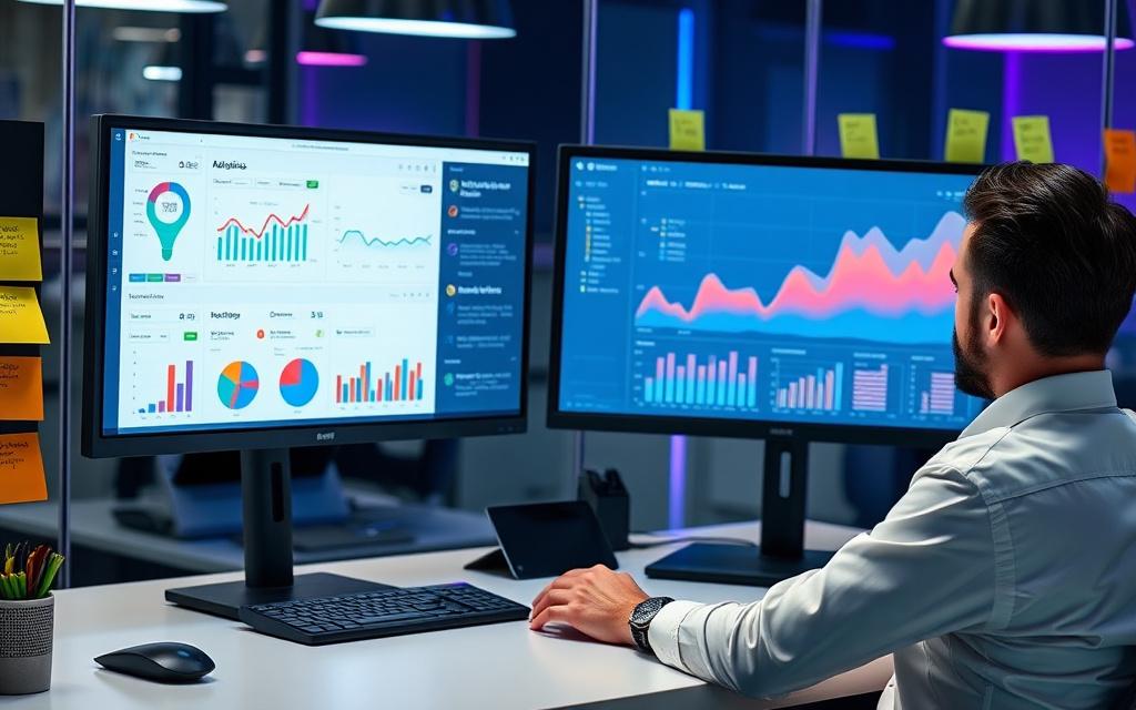 Strategist reviewing conversion funnel dashboards on dual monitors