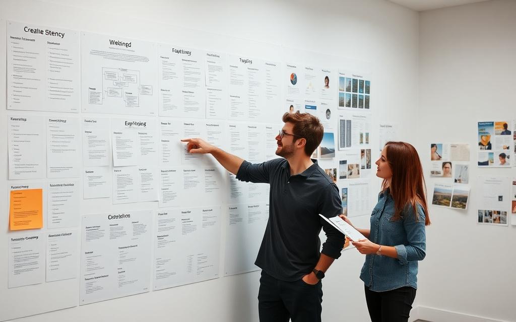 Designers reviewing sitemap cards and moodboards on a planning wall