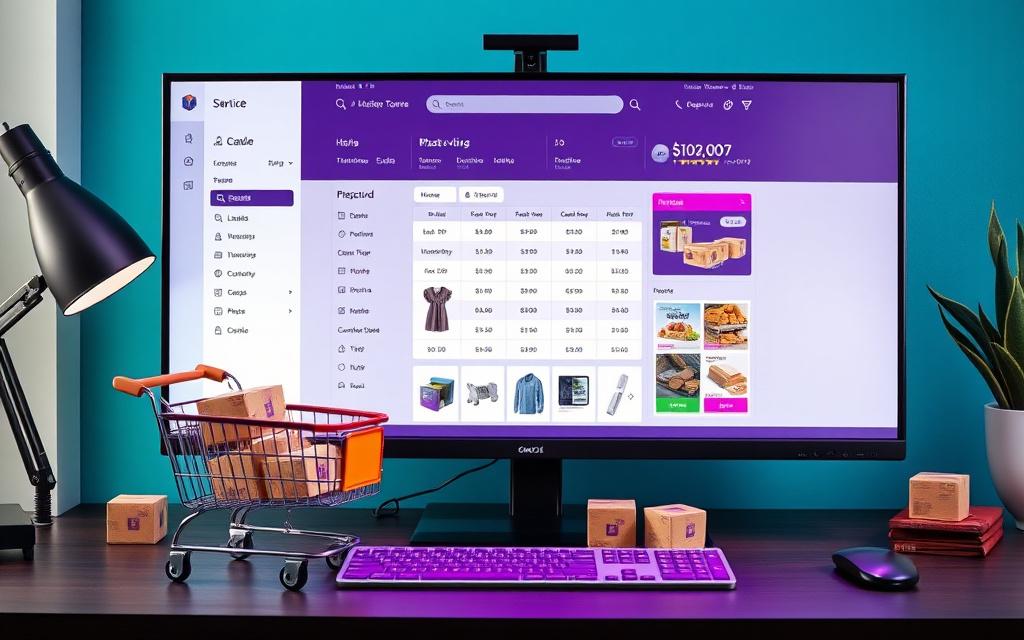 eCommerce storefront and checkout interface on a large monitor