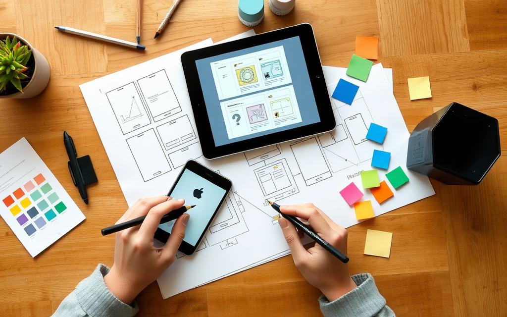 Designer sketching mobile wireframes beside a tablet prototype